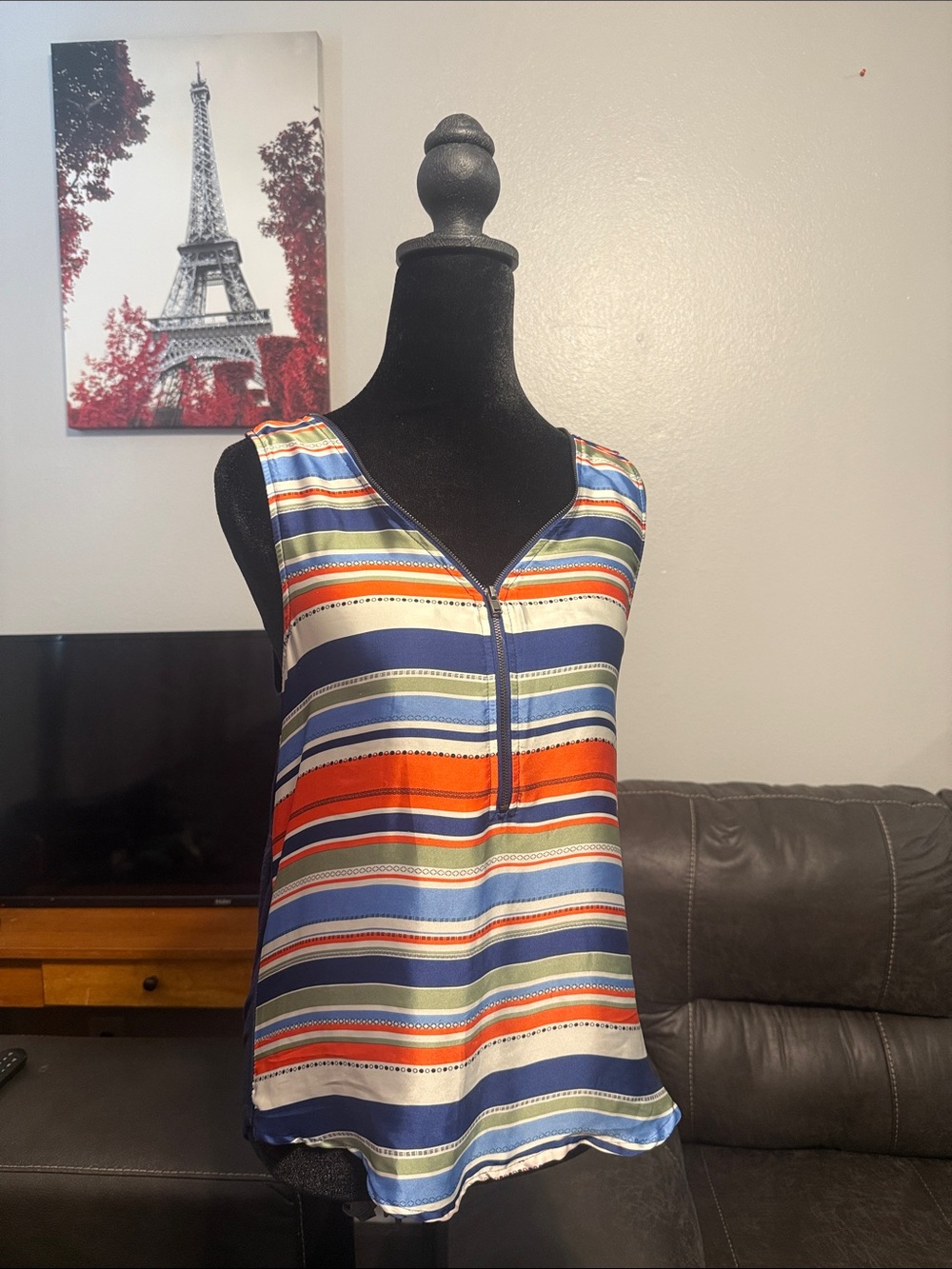 Timing Multicolor Striped V-Neck Sleeveless Tank — Navy, Orange, Blue
